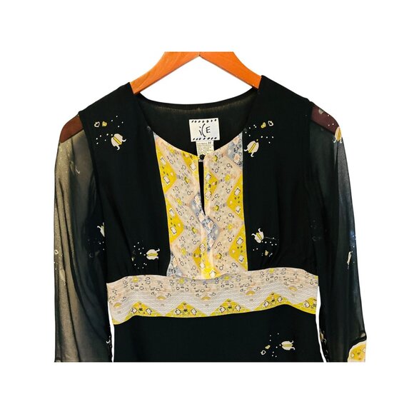 Ice Sheer Boho Black Yellow Tunic Blouse 100% Silk Made in Italy - Picture 3 of 11